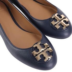 Tory Burch Navy Blue Claire Ballet Pebble Leather Perfect Flats
